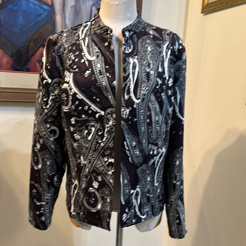 Chico's Burgundy/Black/White Paisley Pattern Jacket Size 2-Large